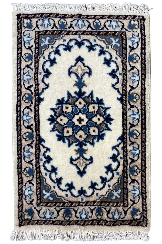 Nain rug 65x39 cm: white background, blue ornaments, fringes