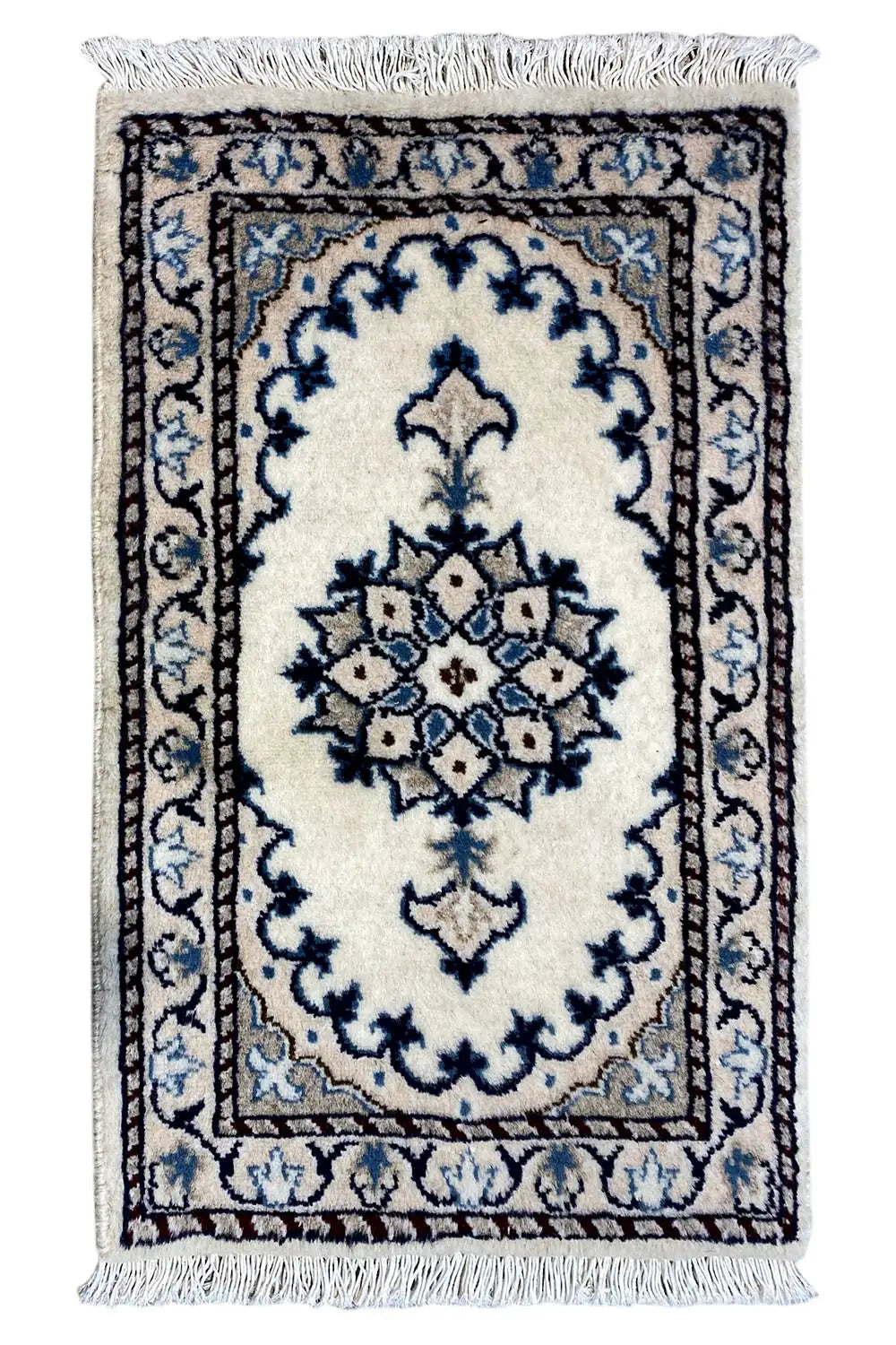 Nain rug (65x39 cm) with a blue ornamental pattern and fringes, rectangular