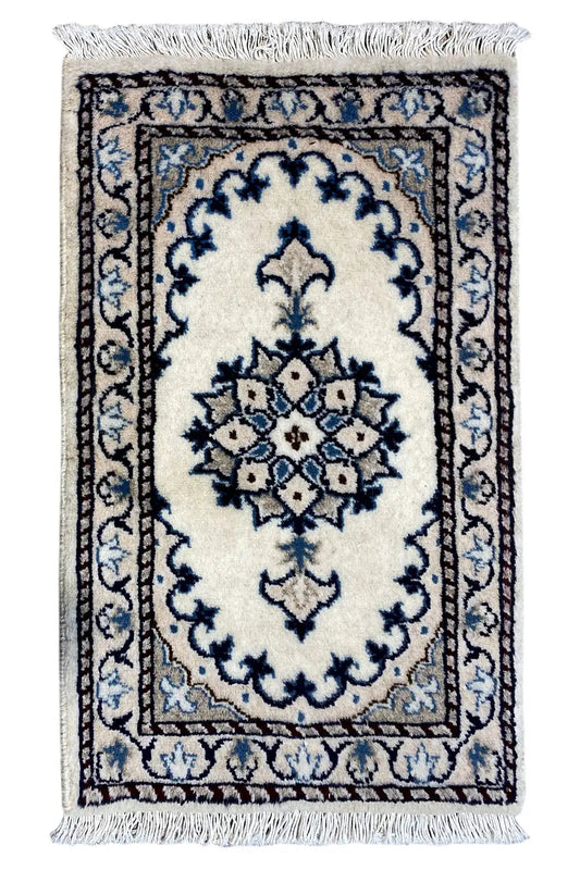 Nain rug (65x39 cm) with a blue ornamental pattern and fringes, rectangular