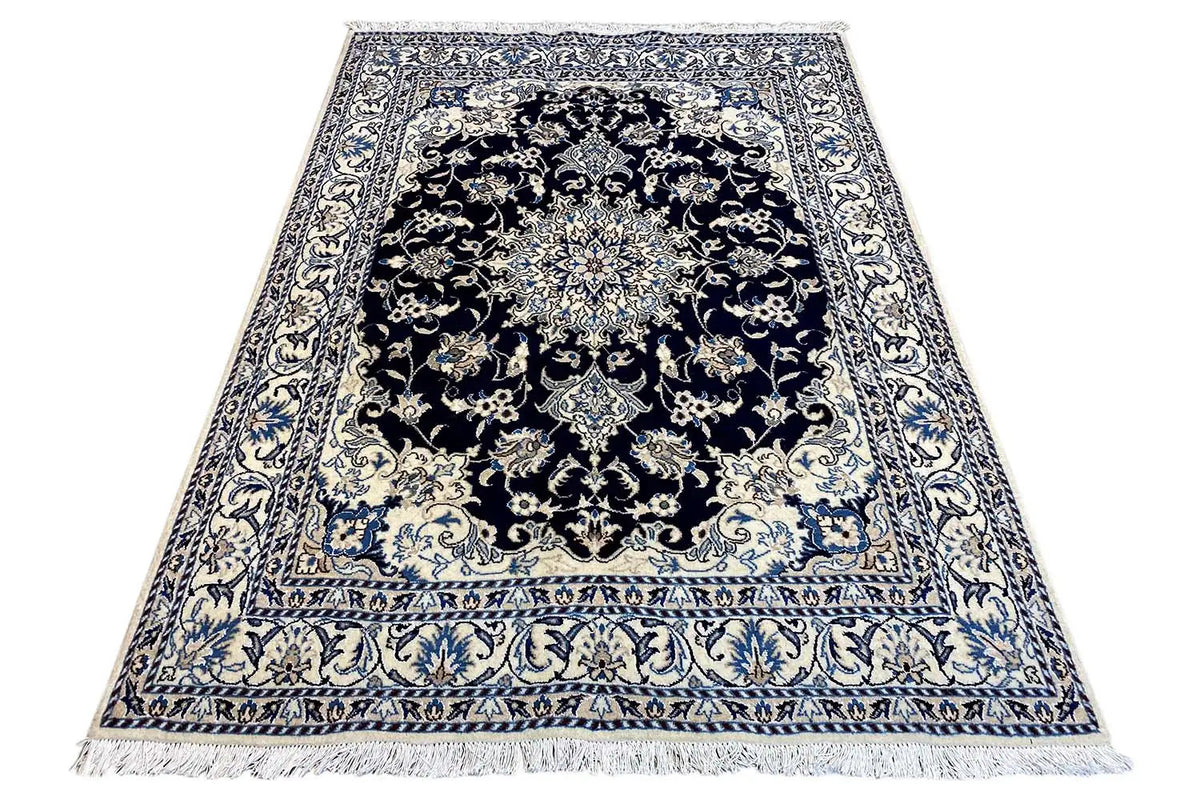 Nain rug 205×146 cm blue with dark medallion and decorative border
