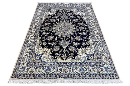 Nain rug 205×146 cm blue with dark medallion and decorative border
