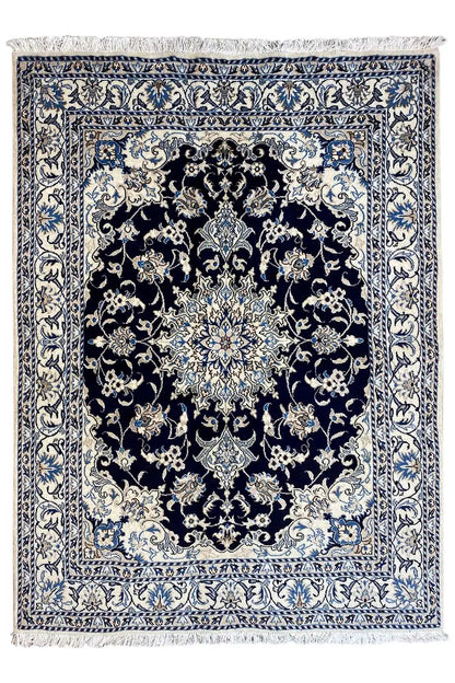 Nain rug 205×146 cm with blue-and-white ornamentation and a dark center