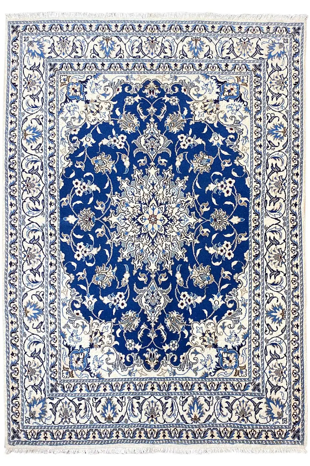 Nain rug 205x146 cm with a blue-and-white ornamental pattern, rectangular, border frieze