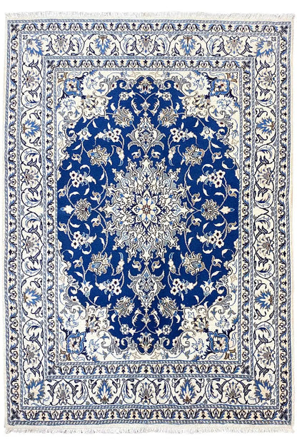 Nain rug 205x146 cm with a blue-and-white ornamental pattern, rectangular, border frieze