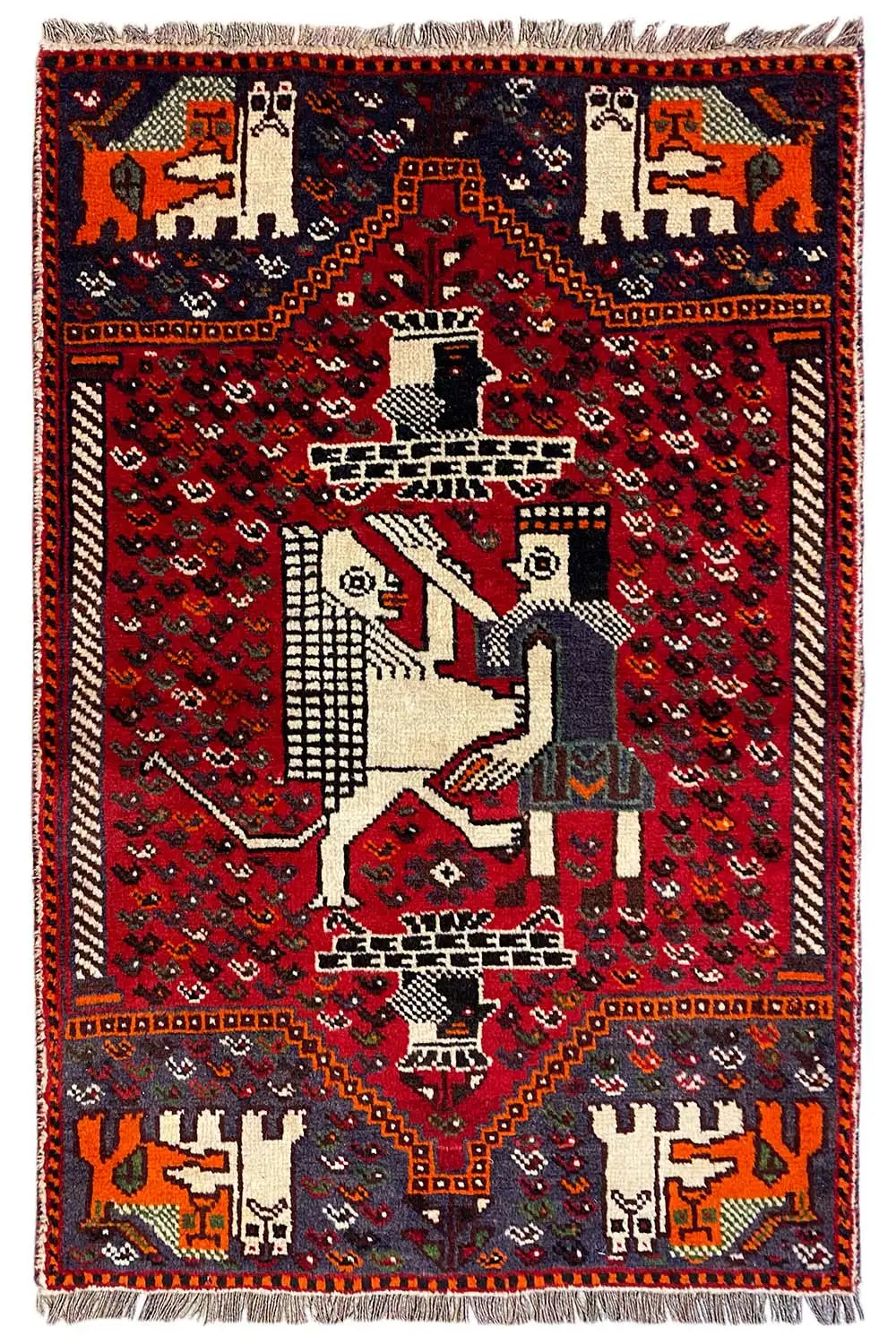 Oriental rug 131x88 cm with a red pattern, animal motifs, and fringes