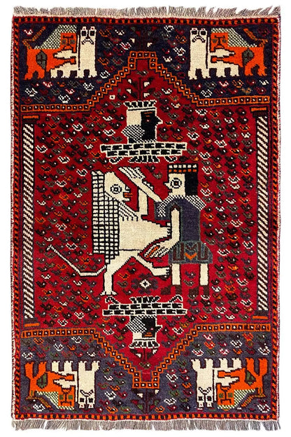 Oriental rug 131x88 cm with a red pattern, animal motifs, and fringes