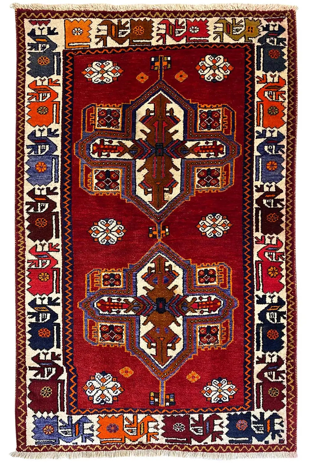 Carpet 185x116 cm, red Shiraz Qashqai design with ornaments, with fringes