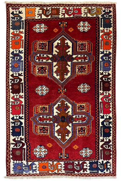 Carpet 185x116 cm, red Shiraz Qashqai design with ornaments, with fringes