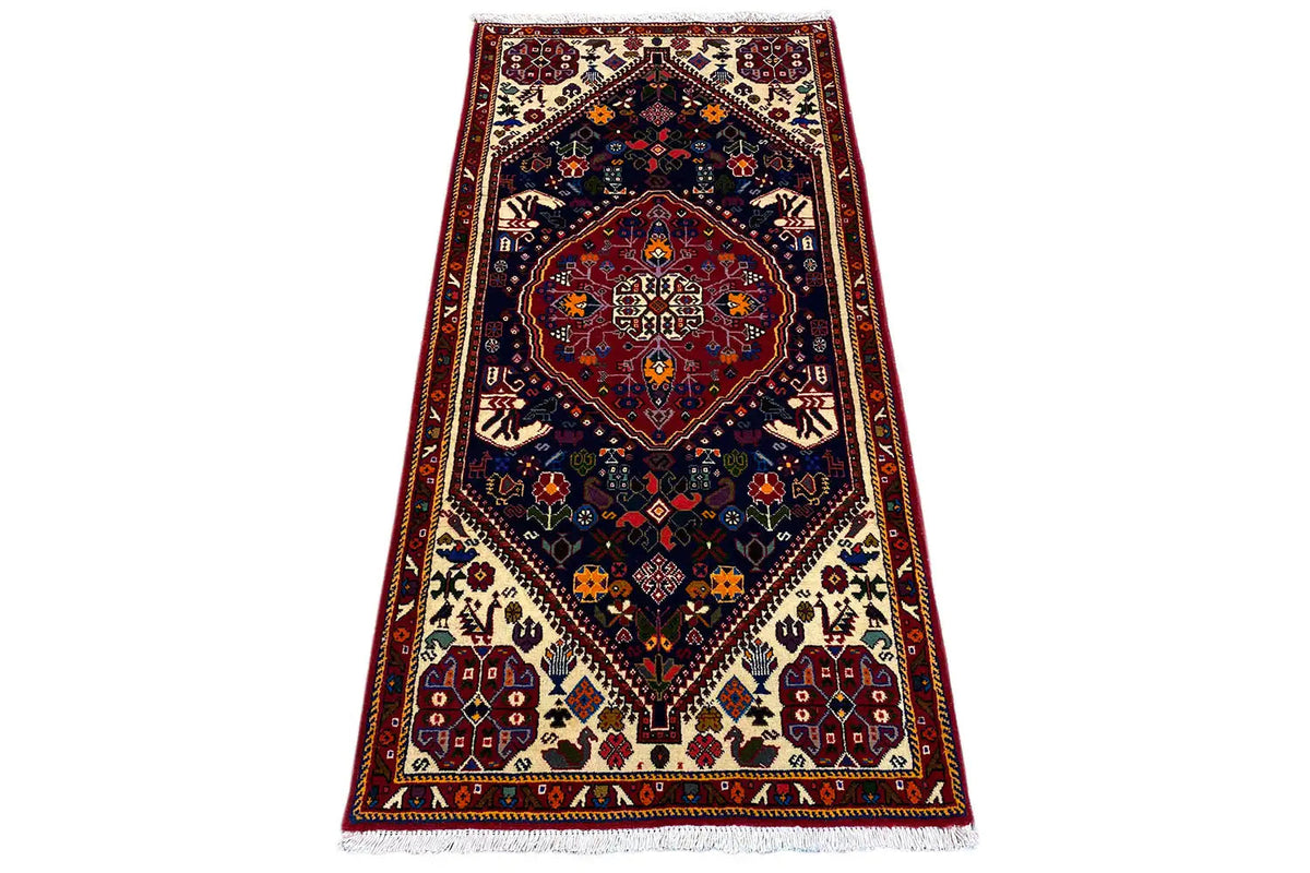 Oriental rug with a red border, dark medallion, and fringes