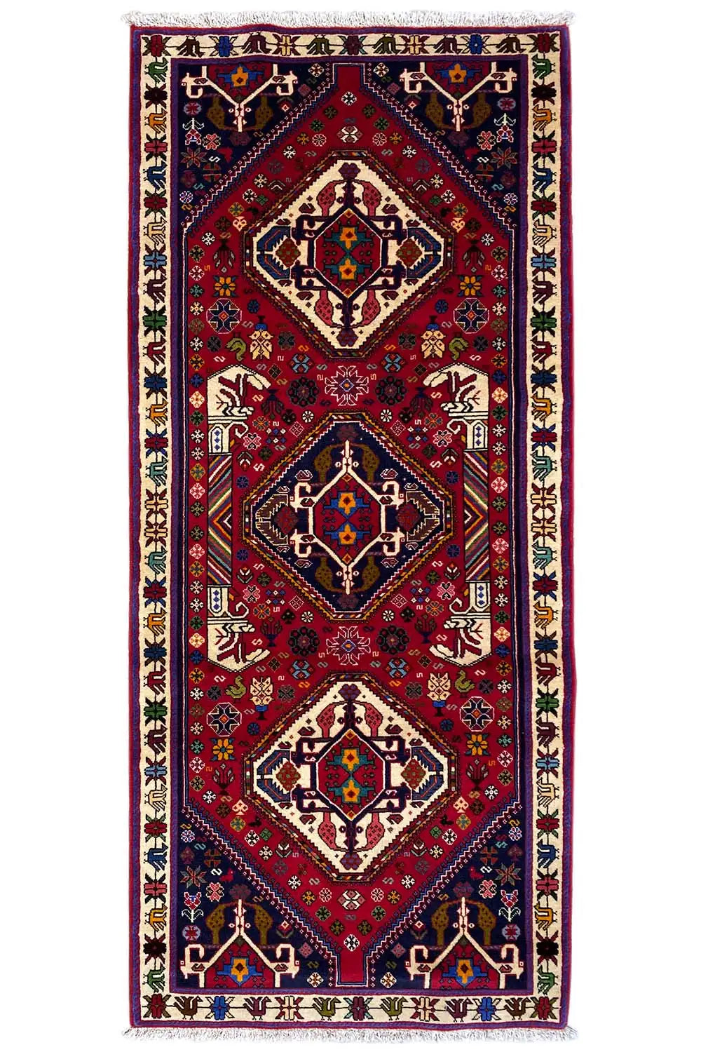 Shiraz-Qashqai-style rug, red with a dark blue pattern, approx. 195x79 cm.