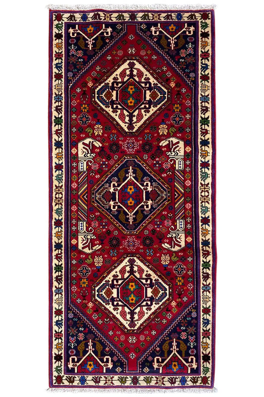 Shiraz-Qashqai-style rug, red with a dark blue pattern, approx. 195x79 cm.