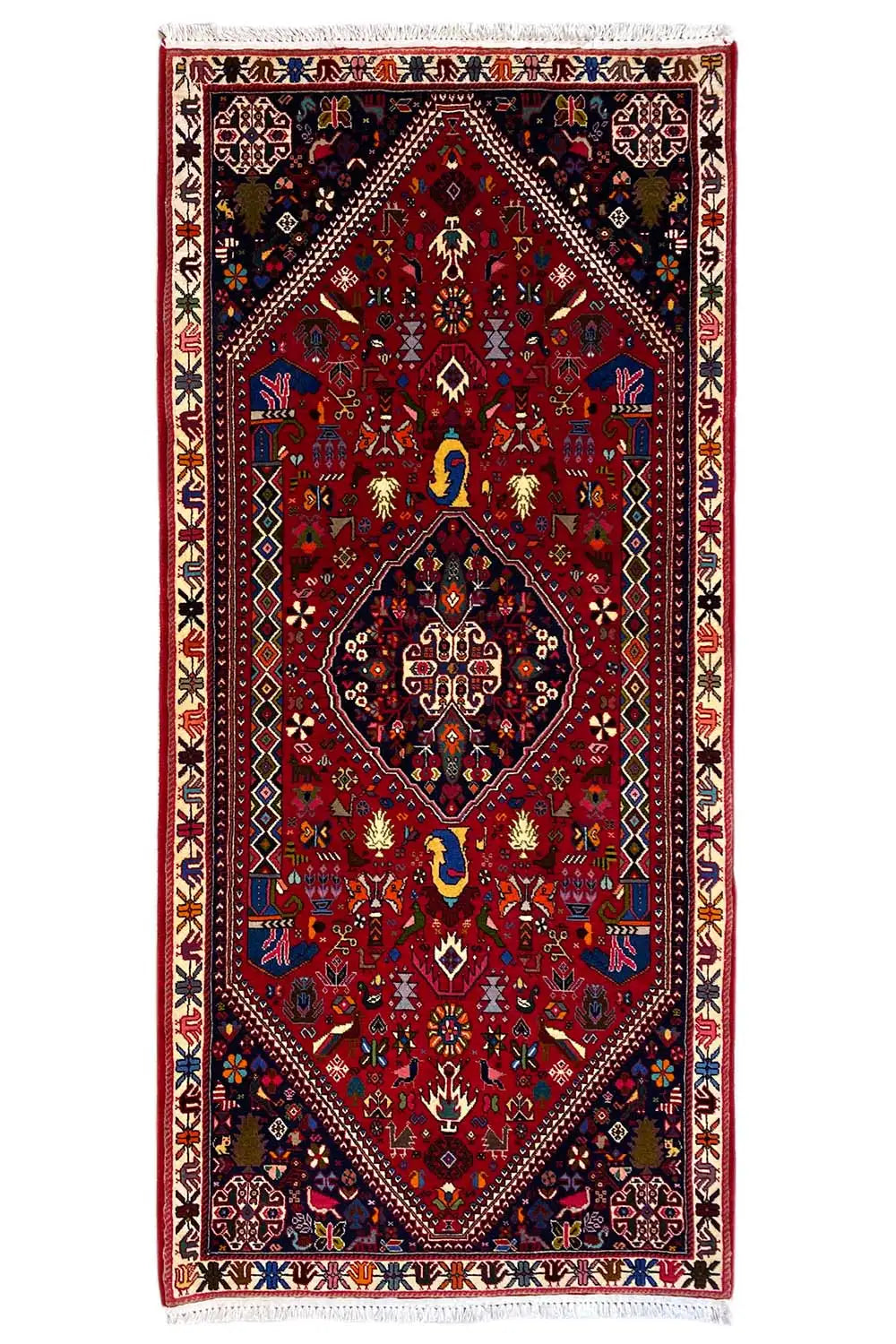Oriental rug with a red ground and geometric medallion, blue and gold ornaments, 206x85 cm