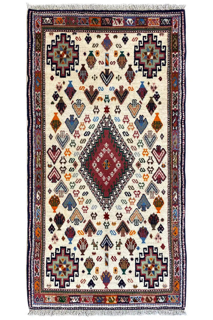 Oriental rug with geometric pattern, cream-colored and multicolored, 137x72 cm