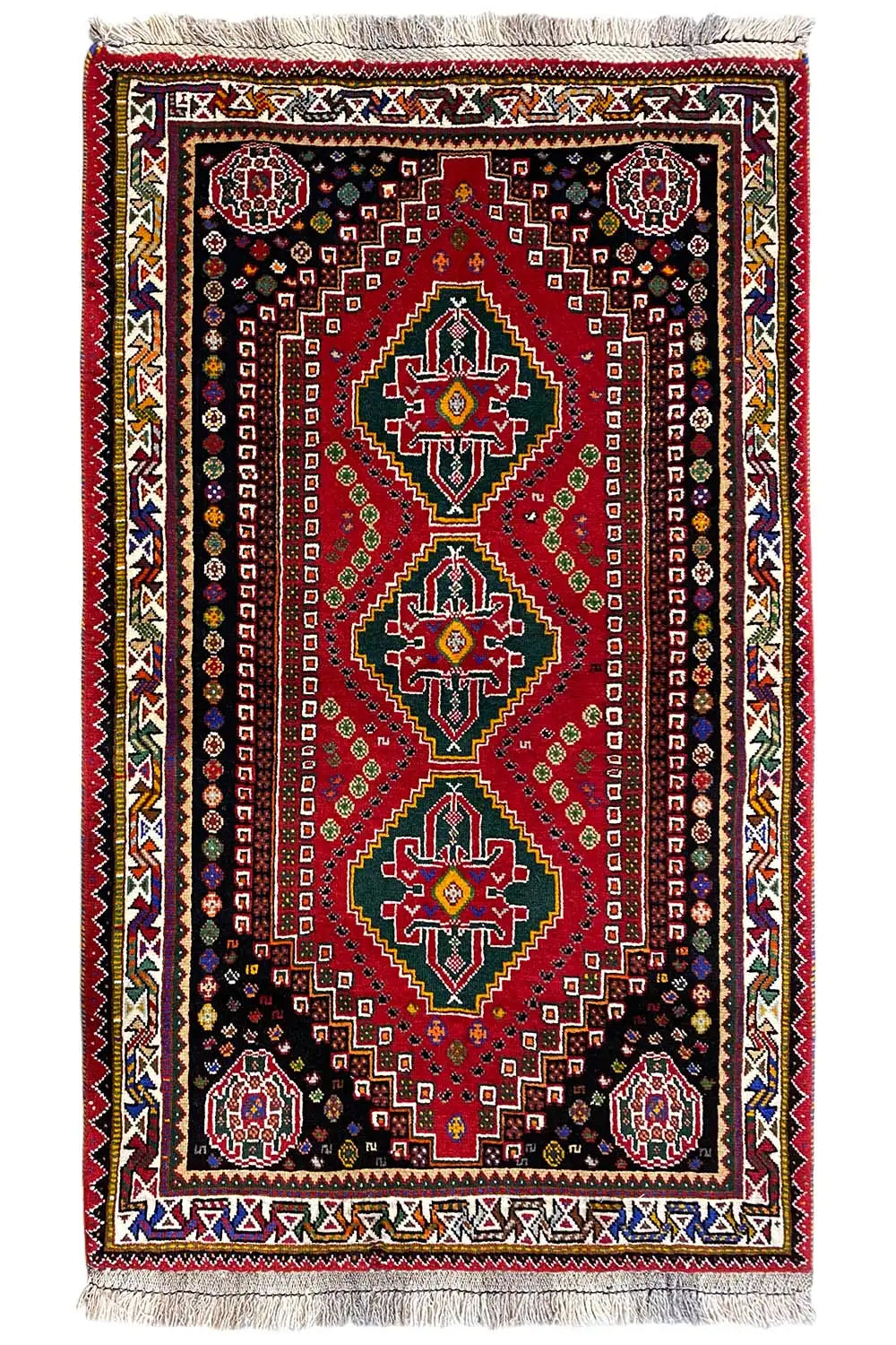 Rug with an oriental pattern in dark red and blue, finished with fringes (148×90 cm)
