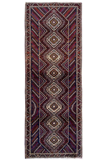Sirjan runner, rectangular, geometric diamond pattern with a border in shades of red, blue, and cream