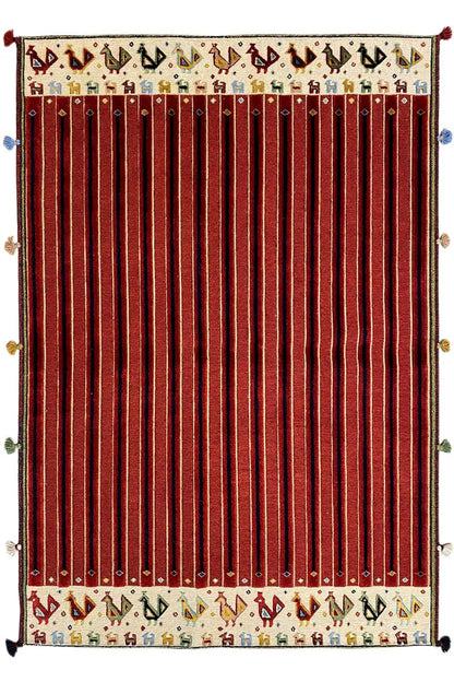 Soumak rug with vertical reddish-brown stripes and a cream-colored border with small patterns