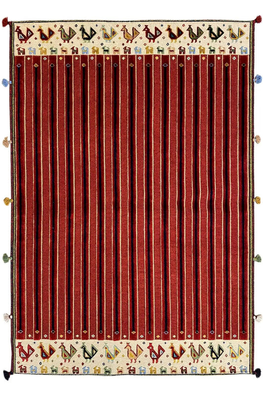 Soumak rug with vertical reddish-brown stripes and a cream-colored border with small patterns