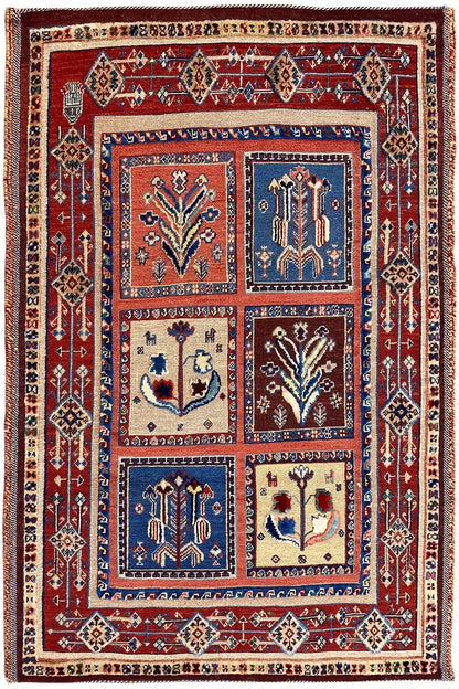 Soumak rug 117x97 cm: red field with a blue-bordered ornament