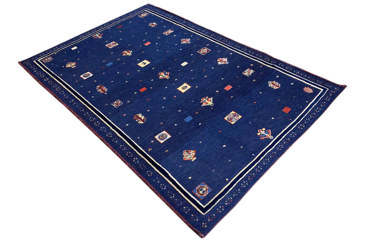 Soumak rug 177x118 cm: blue pattern of small tile motifs, laid diagonally