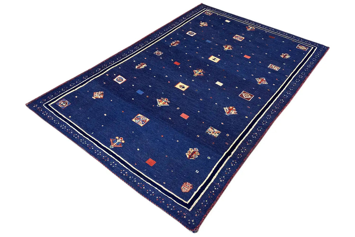 Soumak rug 177x118 cm: dark blue field with geometric symbols, borders