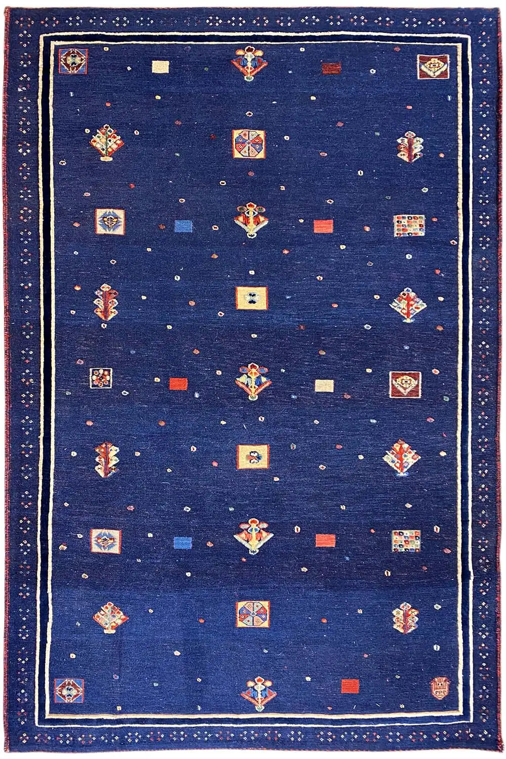 Soumak rug 177x118 cm: dark blue with colorful medallions and border
