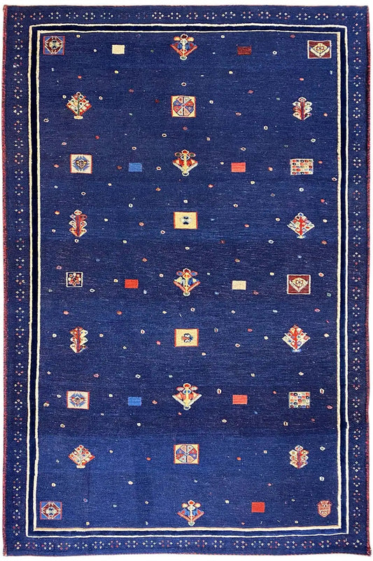 Soumak rug 177x118 cm: dark blue with colorful medallions and border