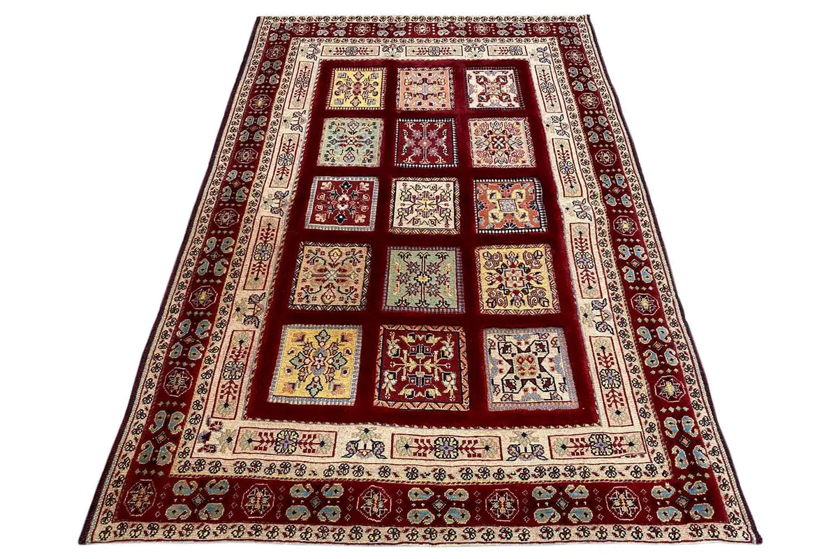 Rug with a red central section and a repeatedly framed checkerboard pattern