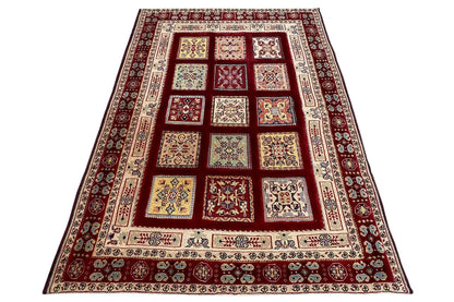 Rug with a red central section and a repeatedly framed checkerboard pattern
