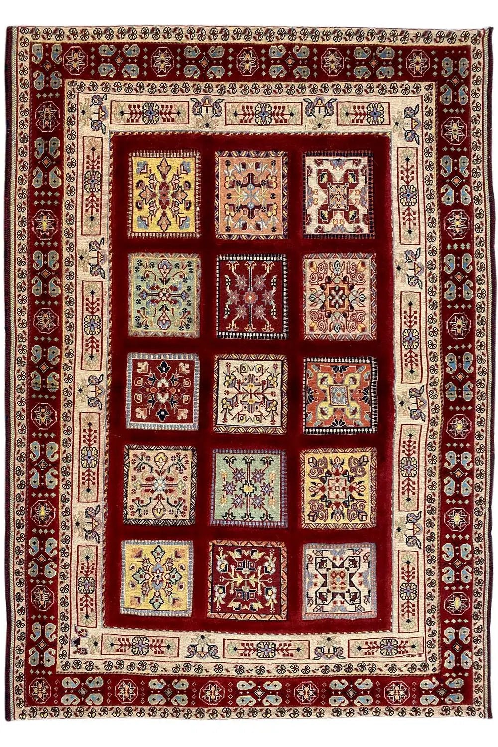 Rug with a square border, red fields, and cream-colored decorative elements