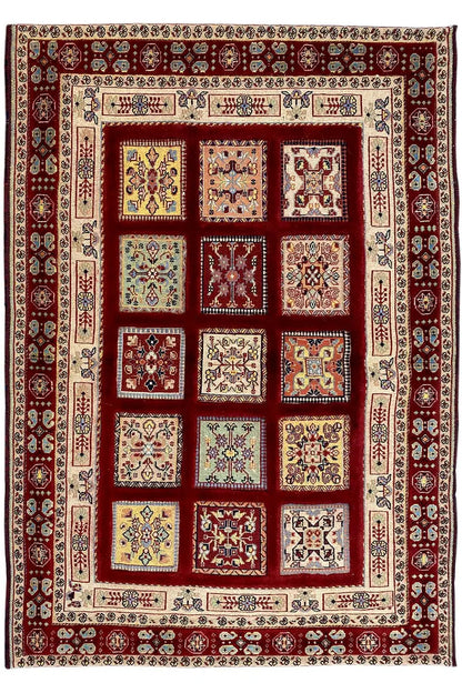 Rug with a square border, red fields, and cream-colored decorative elements