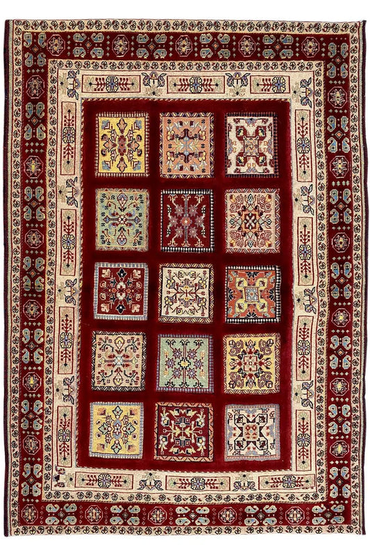 Rug with a square border, red fields, and cream-colored decorative elements