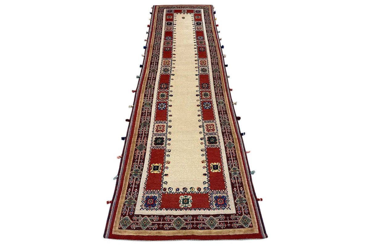 Soumak runner 308x83 cm: beige central field, red borders, colorful medallions