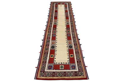 Soumak runner 308x83 cm: beige central field, red borders, colorful medallions