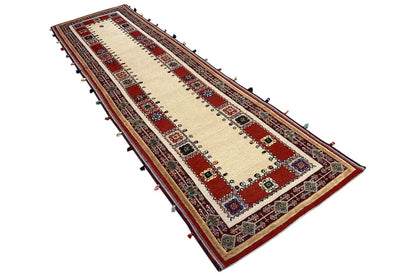 Soumak runner 308x83 cm: beige field with red panels, multicolored border, fringe