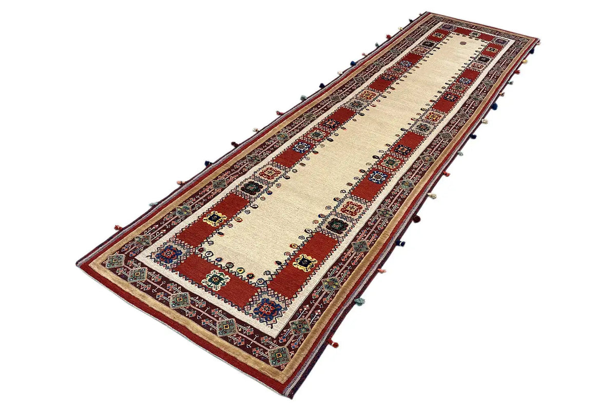 Soumak runner 308x83 cm: beige with red stripes and patterned border, fringes