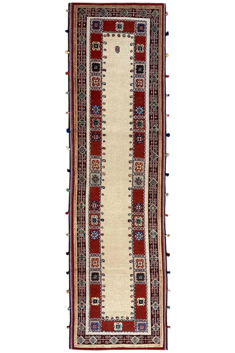 Soumak runner 308x83 cm: beige with red ornaments and border