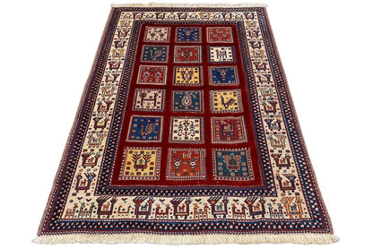 Rug 149x104 cm with a red central field, blue and beige patterned squares