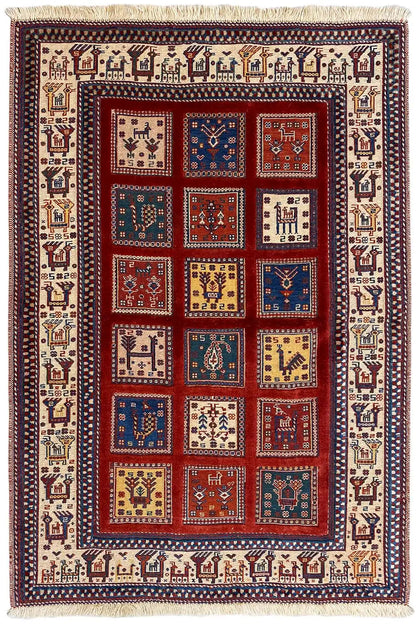 Carpet 149x104 cm, red square with multicolored ornamental panels and border
