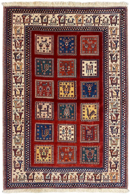 Carpet 149x104 cm, red square with multicolored ornamental panels and border