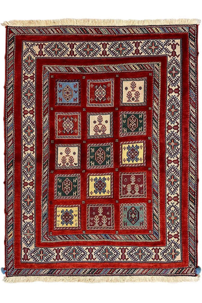Square Oriental rug with a red central field and geometric ornamentation