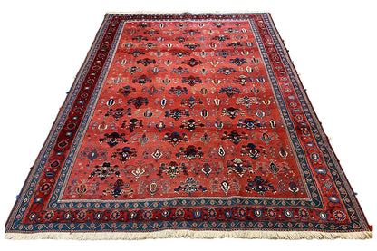 Large rectangular rug with a reddish-brown background, blue border, and fringes