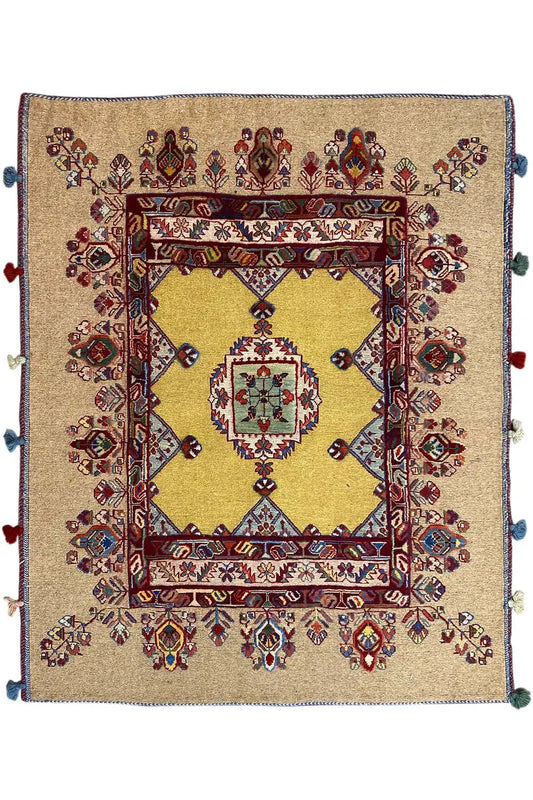 Soumakh rug 120x100 cm with central medallion, colorful border pattern and tassels