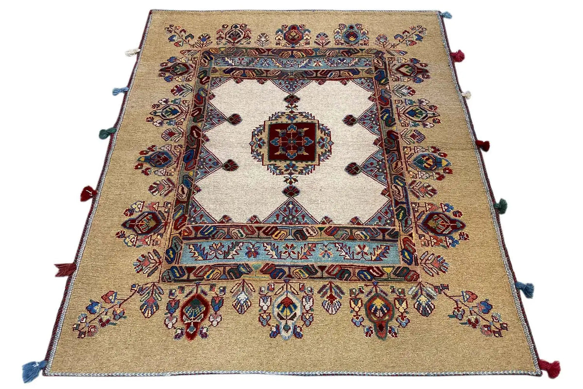 Soumak rug (118x103 cm), symmetrical medallion, beige background, colorful tassels