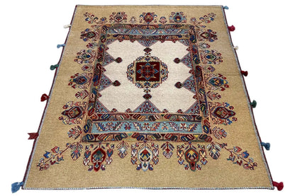 Soumak rug (118x103 cm), symmetrical medallion, beige background, colorful tassels