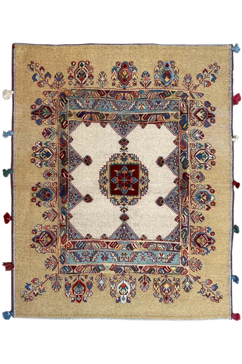 Soumak rug (118x103 cm), beige ground, central medallion, blue-red borders, tassels