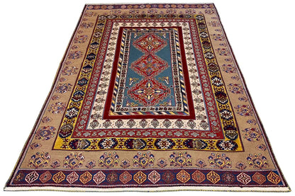 Soumak rug 244x166 cm with stepped frame and border ornaments, red/blue/beige