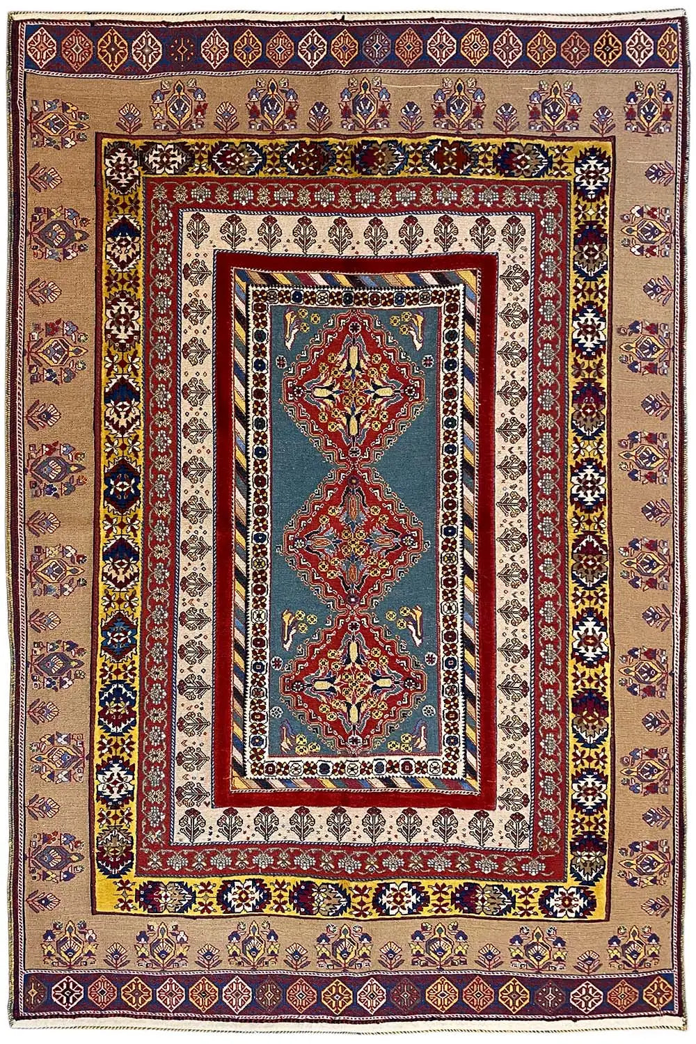 Soumak rug 244x166 cm with border ornaments, central motif in red, blue, beige