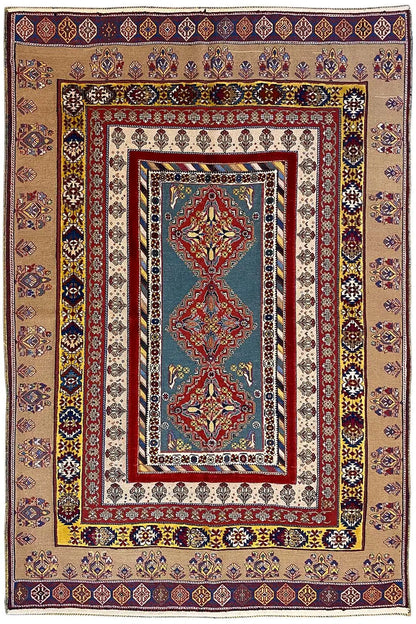 Soumak rug 244x166 cm with border ornaments, central motif in red, blue, beige
