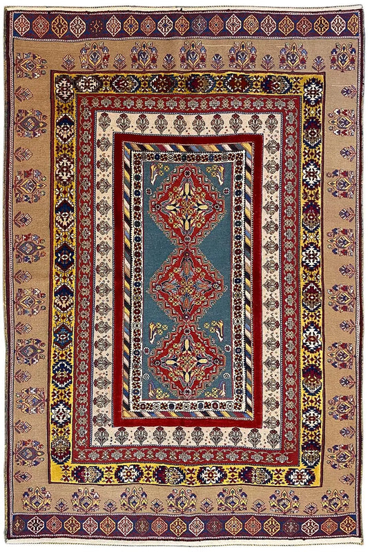 Soumak rug 244x166 cm with border ornaments, central motif in red, blue, beige