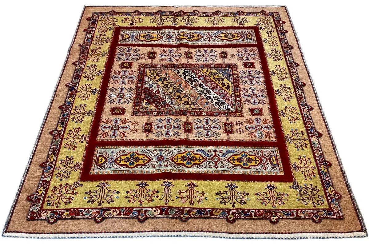 Soumak rug 172x155 cm, square center with a geometric pattern in red and blue